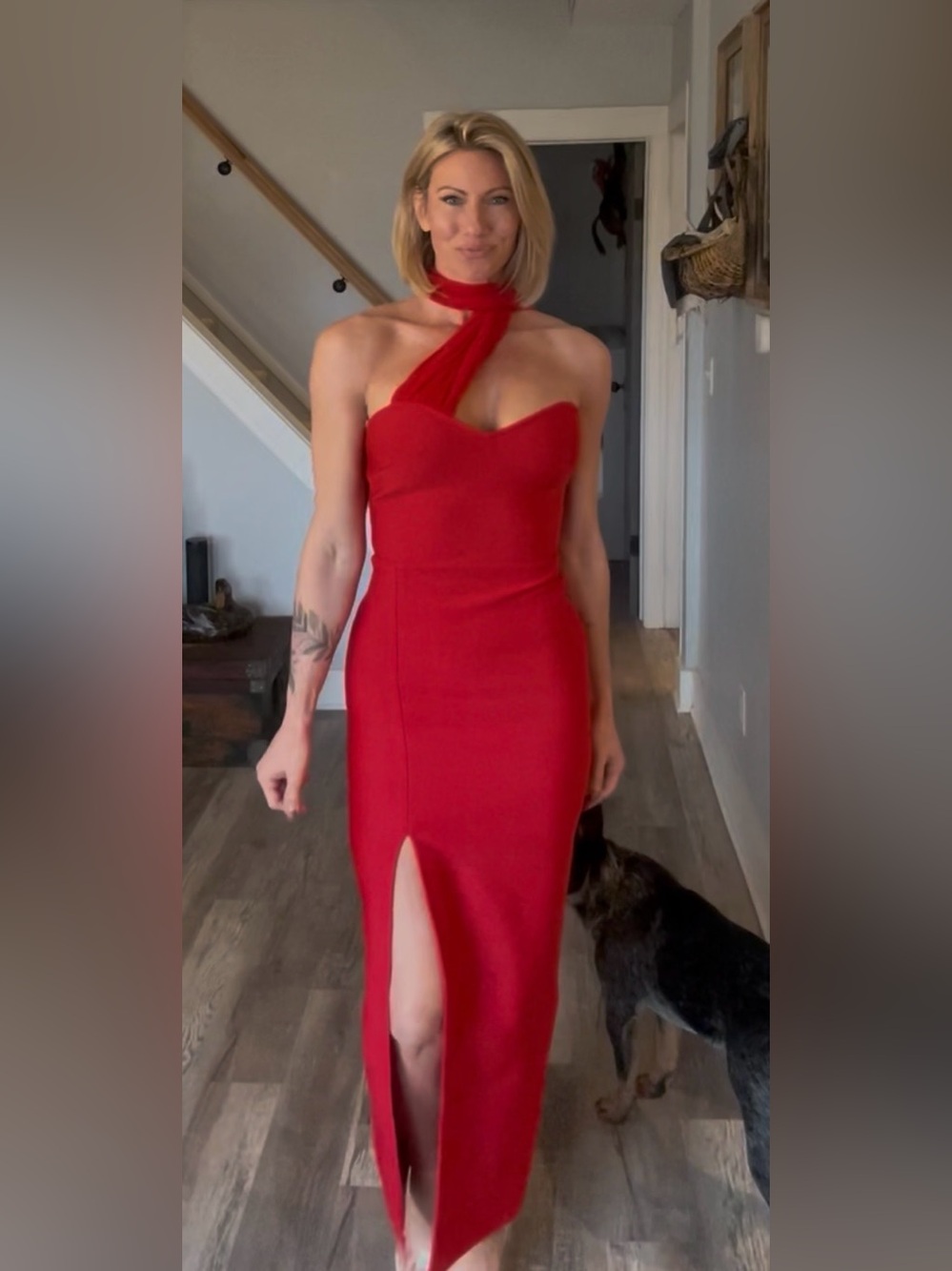 Strapless Red Midi Dress with Neck Scarf and Front Slit